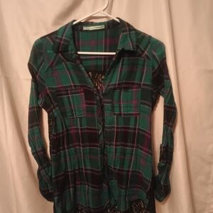 Green and Purple Plaid Button-Up Shirt